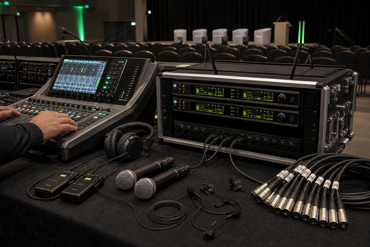 Mesa de sonido, receptores inalambricos y microfonos preparados para un congreso