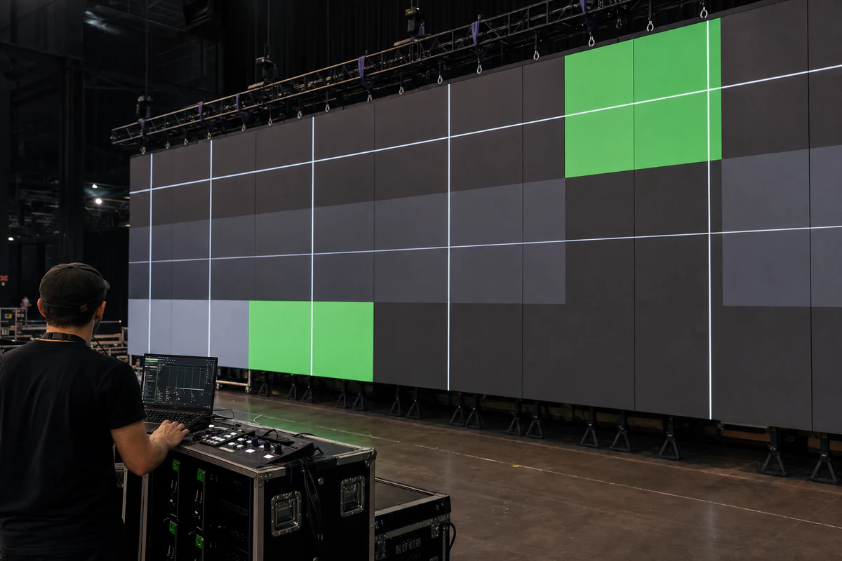 Tecnico calibrando una pantalla LED modular antes de un evento