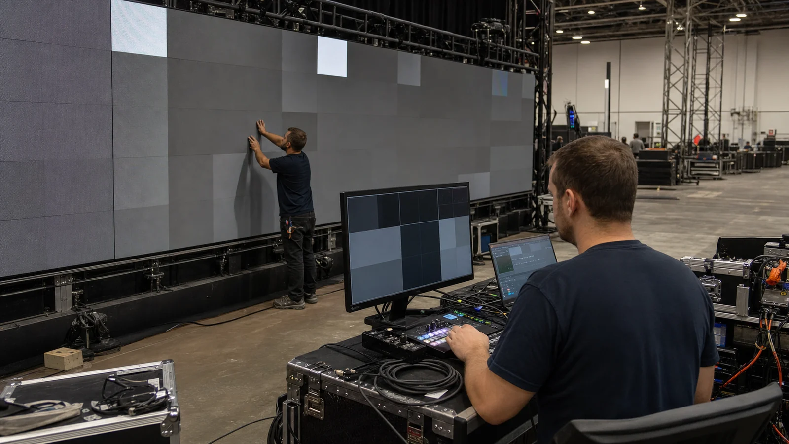 Técnicos configurando una pantalla LED profesional