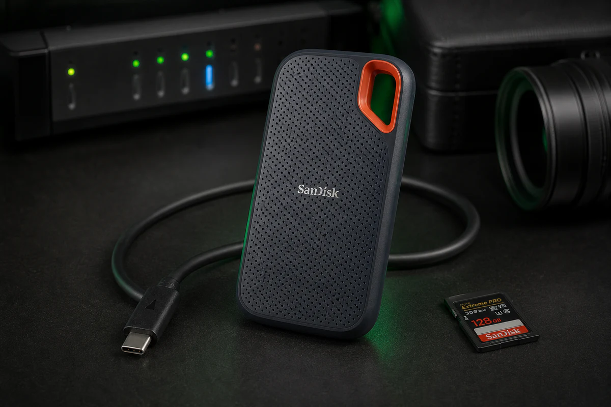 SanDisk Extreme Portable SSD 1 TB at an audiovisual workstation